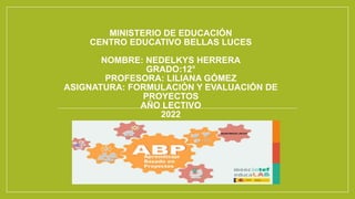 MINISTERIO DE EDUCACIÓN
CENTRO EDUCATIVO BELLAS LUCES
NOMBRE: NEDELKYS HERRERA
GRADO:12°
PROFESORA: LILIANA GÓMEZ
ASIGNATURA: FORMULACIÓN Y EVALUACIÓN DE
PROYECTOS
AÑO LECTIVO
2022
 