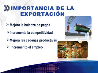 Add your company slogan
LOGO
IMPORTANCIA DE LA
EXPORTACIÓN
 Mejora la balanza de pagos
Incrementa la competitividad
Mejora las cadenas productivas
 Incremento el empleo
 