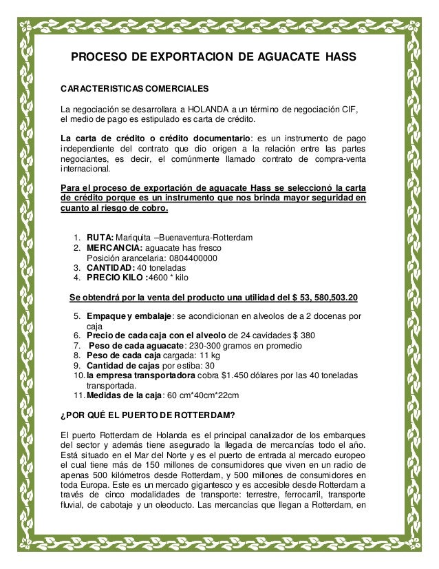 PROCESO DE EXPORTACION DE AGUACATE HASS