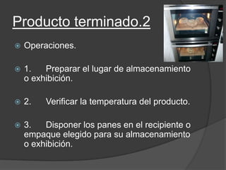 Producto terminado.2
 Operaciones.
 1. Preparar el lugar de almacenamiento
o exhibición.
 2. Verificar la temperatura del producto.
 3. Disponer los panes en el recipiente o
empaque elegido para su almacenamiento
o exhibición.
 