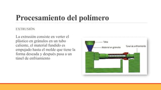 Procesamiento del polímero
EXTRUSIÓN
La extrusión consiste en verter el
plástico en gránulos en un tubo
caliente, el material fundido es
empujado hasta el molde que tiene la
forma deseada y después pasa a un
túnel de enfriamiento
 