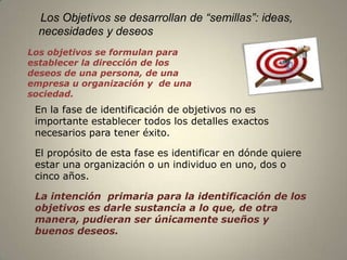 Los Objetivos se desarrollan de “semillas”: ideas,
  necesidades y deseos
Los objetivos se formulan para
establecer la dirección de los
deseos de una persona, de una
empresa u organización y de una
sociedad.
 En la fase de identificación de objetivos no es
 importante establecer todos los detalles exactos
 necesarios para tener éxito.

 El propósito de esta fase es identificar en dónde quiere
 estar una organización o un individuo en uno, dos o
 cinco años.

 La intención primaria para la identificación de los
 objetivos es darle sustancia a lo que, de otra
 manera, pudieran ser únicamente sueños y
 buenos deseos.
                                                            9
 