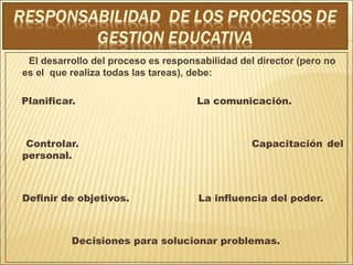 El desarrollo del proceso es responsabilidad del director (pero no
es el que realiza todas las tareas), debe:
  Planificar. La comunicación.
  Controlar. Capacitación del
personal.
Definir de objetivos. La influencia del poder.
Decisiones para solucionar problemas.
 
 