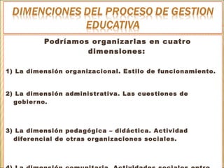 Podríamos organizarlas en cuatro
dimensiones:
1) La dimensión organizacional. Estilo de funcionamiento.
2) La dimensión administrativa. Las cuestiones de
gobierno.
3) La dimensión pedagógica – didáctica. Actividad
diferencial de otras organizaciones sociales.
 