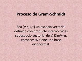 Proceso de Gram-Schmidt Sea (V,K,+,*) un espacio vectorial definido con producto interno, W es subespacio vectorial de V. DimV=n, entonces W tiene una base ortonormal. 