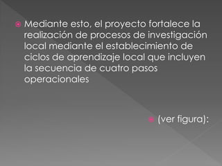    Mediante esto, el proyecto fortalece la
    realización de procesos de investigación
    local mediante el establecimiento de
    ciclos de aprendizaje local que incluyen
    la secuencia de cuatro pasos
    operacionales



                                  (ver figura):
 