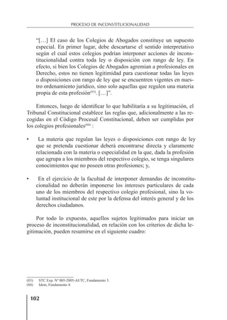 102
PROCESO DE INCONSTITUCIONALIDAD
“[…] El caso de los Colegios de Abogados constituye un supuesto
especial. En primer lugar, debe descartarse el sentido interpretativo
según el cual estos colegios podrían interponer acciones de incons-
titucionalidad contra toda ley o disposición con rango de ley. En
efecto, si bien los Colegios de Abogados agremian a profesionales en
Derecho, estos no tienen legitimidad para cuestionar todas las leyes
o disposiciones con rango de ley que se encuentren vigentes en nues-
tro ordenamiento jurídico, sino solo aquellas que regulen una materia
propia de esta profesión(83)
. […]”.
Entonces, luego de identiﬁcar lo que habilitaría a su legitimación, el
Tribunal Constitucional establece las reglas que, adicionalmente a las re-
cogidas en el Código Procesal Constitucional, deben ser cumplidas por
los colegios profesionales(84)
:
• La materia que regulan las leyes o disposiciones con rango de ley
que se pretenda cuestionar deberá encontrarse directa y claramente
relacionada con la materia o especialidad en la que, dada la profesión
que agrupa a los miembros del respectivo colegio, se tenga singulares
conocimientos que no poseen otras profesiones; y,
• En el ejercicio de la facultad de interponer demandas de inconstitu-
cionalidad no deberán imponerse los intereses particulares de cada
uno de los miembros del respectivo colegio profesional, sino la vo-
luntad institucional de este por la defensa del interés general y de los
derechos ciudadanos.
Por todo lo expuesto, aquellos sujetos legitimados para iniciar un
proceso de inconstitucionalidad, en relación con los criterios de dicha le-
gitimación, pueden resumirse en el siguiente cuadro:
(83) STC Exp. Nº 005-2005-AI/TC, Fundamento 3.
(84) Idem, Fundamento 4.
 
