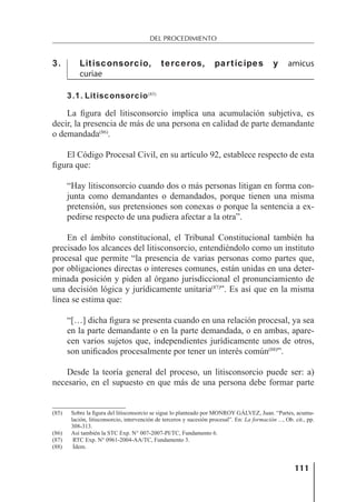 111
DEL PROCEDIMIENTO
3. Litisconsorcio, terceros, partícipes y amicus
curiae
3.1. Litisconsorcio(85)
La ﬁgura del litisconsorcio implica una acumulación subjetiva, es
decir, la presencia de más de una persona en calidad de parte demandante
o demandada(86)
.
El Código Procesal Civil, en su artículo 92, establece respecto de esta
ﬁgura que:
“Hay litisconsorcio cuando dos o más personas litigan en forma con-
junta como demandantes o demandados, porque tienen una misma
pretensión, sus pretensiones son conexas o porque la sentencia a ex-
pedirse respecto de una pudiera afectar a la otra”.
En el ámbito constitucional, el Tribunal Constitucional también ha
precisado los alcances del litisconsorcio, entendiéndolo como un instituto
procesal que permite “la presencia de varias personas como partes que,
por obligaciones directas o intereses comunes, están unidas en una deter-
minada posición y piden al órgano jurisdiccional el pronunciamiento de
una decisión lógica y jurídicamente unitaria(87)
”. Es así que en la misma
línea se estima que:
“[…] dicha ﬁgura se presenta cuando en una relación procesal, ya sea
en la parte demandante o en la parte demandada, o en ambas, apare-
cen varios sujetos que, independientes jurídicamente unos de otros,
son uniﬁcados procesalmente por tener un interés común(88)
”.
Desde la teoría general del proceso, un litisconsorcio puede ser: a)
necesario, en el supuesto en que más de una persona debe formar parte
(85) Sobre la ﬁgura del litisconsorcio se sigue lo planteado por MONROY GÁLVEZ, Juan. “Partes, acumu-
lación, litisconsorcio, intervención de terceros y sucesión procesal”. En: La formación ..., Ob. cit., pp.
308-313.
(86) Así también la STC Exp. N° 007-2007-PI/TC, Fundamento 6.
(87) RTC Exp. N° 0961-2004-AA/TC, Fundamento 3.
(88) Ídem.
 