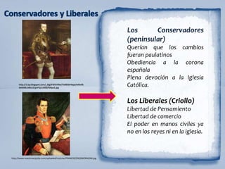 http://1.bp.blogspot.com/_6ig2P3FGY9w/TS4BDbY4qaI/AAAAA
AAAAlE/x6kU2cjjnFQ/s1600/felipe2.jpg
http://www.nuestroacajutla.com/uploaded/noticias/FRANCISCO%20MORAZAN.jpg
Los Conservadores
(peninsular)
Querían que los cambios
fueran paulatinos
Obediencia a la corona
española
Plena devoción a la Iglesia
Católica.
Los Liberales (Criollo)
Libertad de Pensamiento
Libertad de comercio
El poder en manos civiles ya
no en los reyes ni en la iglesia.
 