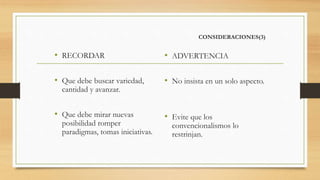 CONSIDERACIONES(3)
• RECORDAR
• Que debe buscar variedad,
cantidad y avanzar.
• Que debe mirar nuevas
posibilidad romper
paradigmas, tomas iniciativas.
• ADVERTENCIA
• No insista en un solo aspecto.
• Evite que los
convencionalismos lo
restrinjan.
 