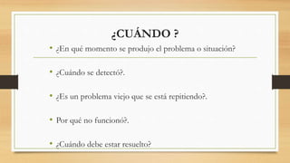 ¿CUÁNDO ?
• ¿En qué momento se produjo el problema o situación?
• ¿Cuándo se detectó?.
• ¿Es un problema viejo que se está repitiendo?.
• Por qué no funcionó?.
• ¿Cuándo debe estar resuelto?
 