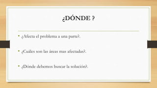 ¿DÓNDE ?
• ¿Afecta el problema a una parte?.
• ¿Cuáles son las áreas mas afectadas?.
• ¿Dónde debemos buscar la solución?.
 