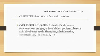PROCESO DE CREACIÓN EMPRESARIAL(3)
• CLIENTES: Son nuestra fuente de ingresos.
• OTRAS RELACIONES: Articulación de buenas
relaciones con amigos, universidades, gobierno, bancos
a fin de obtener ayuda financiera, administrativa,
exportaciones, contabilidad, etc.
 