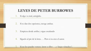 LEYES DE PETER BURROWES
1. Si algo va mal, arréglalo.
2. Si te dan dos opciones, escoge ambas.
3. Empieza desde arriba y sigue escalando
4. Síguelo al pie de la letra . . . Pero si tu eres el autor.
5. Si no los puedes vencer, únete a ellos . . ¡ y luego véncelos !.
 