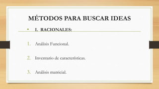 MÉTODOS PARA BUSCAR IDEAS
• I. RACIONALES:
1. Análisis Funcional.
2. Inventario de características.
3. Análisis matricial.
 