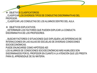     OBJETIVOS CLASIFICATORIOS: _ CLASIFICAR LOS DIVERSOS TIPOS DE CONDUCTAS DISCRIMINATIVAS DEL PROFESOR. _ CLASIFICAR LAS CONDUCTAS DE LOS ALUMNOS DENTRO DEL AULA.       OBJETIVOS EXPLICATIVOS. _ DETERMINAR LOS FACTORES QUE PUEDEN EXPLICAR LA CONDUCTA DISCRIMINATIVA DE LOS PROFESORES.   _ BUSCAR FACTORES O SITUACIONES QUE EXPLIQUEN LAS DIFERENCIAS DE INTERACCIONES EN LAS AULAS DE ESCUELAS DE DIVERSAS CONDICIONES SOCIOECONÓMICAS. PUEDE ENUNCIARSE COMO HIPÓTESIS ASÍ: LOS ALUMNOS DE CONDICIONES SOCIOECONÓMICAS MÁS HUMILIDES SON DISCRIMINADOS POR EL PROFESOR EN CUANTO A LA ATENCIÓN QUE LES PRESTA PARA EL APRENDIZAJE DE SU MATERIA.   