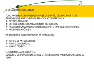 3. EL MARCO DE REFERENCIA.   TODO PROBLEMA DE INVESTIGACIÓN SE DA DENTRO DE UN CONJUNTO DE PROPOSICIONES MAS O MENOS RELACIONADS ENTRE SÍ QUE:     DEFINEN TÉRMINOS     ESTABLECEN REFERENCIAS CON OTROS SUCESOS     RECOGEN CONOCIMIENTOS OBTENIDOS POR OTRAS INVESTIGFACIONES     PROPONEN HIPÓTESIS.   DE ACUERDO A SUS CONTENIDOS SE DISTINGUEN:       MARCO DE ANTECEDENTES     MARCO CONCEPTUAL      MARCO TEÓRICO.   EL MARCO DE ANTECEDENTES: CONJUNTO DE CONOCIMIENTOS QUE OTROS ESTUDIOS HAN LOGRADO SOBRE EL TEMA. 