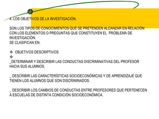 4. LOS OBJETIVOS DE LA INVESTIGACIÓN.   SON LOS TIPOS DE CONOCIMIENTOS QUE SE PRETENDEN ALCANZAR EN RELACIÓN CON LOS ELEMENTOS O PREGUNTAS QUE CONSTITUYEN EL  PROBLEMA DE INVESTIGACIÓN. SE CLASIFICAN EN:       OBJETIVOS DESCRIPTIVOS       _DETERMINAR Y DESCRIBIR LAS CONDUCTAS DISCRIMINATIVAS DEL PROFESOR HACIA SUS ALUMNOS.   _ DESCRIBIR LAS CARACTERÍSTICAS SOCIOECONÓMICAS Y DE APRENDIZAJE QUE TIENEN LOS ALUMNOS QUE SON DISCRIMINADOS.   _ DESCRIBIR LOS CAMBIOS DE CONDUCTAS ENTRE PROFESORES QUE PERTENECEN A ESCUELAS DE DISTINTA CONDICIÓN SOCIOECONÓMICA. 