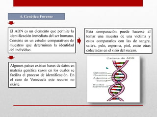 4. Genética Forense 
El ADN es un elemento que permite la 
identificación inmediata del ser humano. 
Consiste en un estudio comparativos de 
muestras que determinan la identidad 
del individuo. 
Esta comparación puede hacerse al 
tomar una muestra de una víctima y 
estos compararlos con las de sangre, 
saliva, pelo, esperma, piel, entre otras 
colectadas en el sitio del suceso. 
Algunos países existen bases de datos en 
materia genética casos en los cuales se 
facilita el proceso de identificación. En 
el caso de Venezuela este recurso no 
existe. 
 