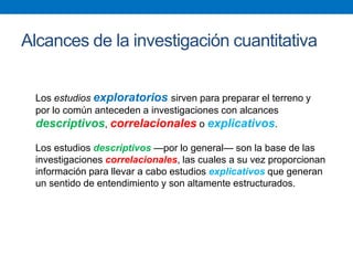 Alcances de la investigación cuantitativa
Los estudios exploratorios sirven para preparar el terreno y
por lo común anteceden a investigaciones con alcances
descriptivos, correlacionales o explicativos.
Los estudios descriptivos —por lo general— son la base de las
investigaciones correlacionales, las cuales a su vez proporcionan
información para llevar a cabo estudios explicativos que generan
un sentido de entendimiento y son altamente estructurados.
 