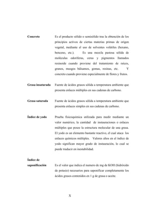 Concreto Es el producto sólido o semisólido tras la obtención de los
principios activos de ciertas materias primas de origen
vegetal, mediante el uso de solventes volátiles (hexano,
benceno, etc.). Es una mezcla pastosa sólida de
moléculas odoríferas, ceras y pigmentos llamados
resinoide cuando proviene del tratamiento de raíces,
granos, musgos bálsamos, gomas, resinas, etc. Y
concreto cuando proviene especialmente de flores y frutos.
Grasa insaturada Fuente de ácidos grasos sólida a temperatura ambiente que
presenta enlaces múltiples en sus cadenas de carbono.
Grasa saturada Fuente de ácidos grasos sólida a temperatura ambiente que
presenta enlaces simples en sus cadenas de carbono.
Índice de yodo Prueba fisicoquímica utilizada para medir mediante un
valor numérico, la cantidad de instauraciones o enlaces
múltiples que posee la estructura molecular de una grasa.
El yodo es un elemento bastante reactivo, el cual ataca los
enlaces químicos múltiples. Valores altos en el índice de
yodo significan mayor grado de instauración, lo cual se
puede traducir en inestabilidad.
Índice de
saponificación Es el valor que indica el numero de mg de KOH (hidróxido
de potasio) necesarios para saponificar completamente los
ácidos grasos contenidos en 1 g de grasa o aceite.
X
 
