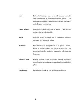 Jabón Pasta soluble en agua que sirve para lavar, es el resultado
de la combinación de un álcali con ácidos grasos. En
términos químicos es el producto de la reacción química de
un ácido graso con una base.
Jabón potásico Jabón elaborado con hidróxido de potasio (KOH), en vez
de hidróxido de sodio (NaOH).
Lejía Solución acuosa de hidróxidos o carbonatos metálicos
empleada para neutralizar ácidos.
Rancidez Es el resultado de la degradación de las grasas o aceites.
Puede ser manifestada por mal olor o decoloración. Es
consecuencia de las reacciones secundarias indeseadas en
las grasas.
Saponificación Proceso mediante el cual se realiza la reacción química de
neutralización de un ácido graso y un álcali, produciéndose
jabones.
Solubilidad Capacidad de disolverse con facilidad en un liquido.
XI
 