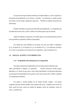 Las grasas de origen animal constituyen el tejido adiposo y en los vegetales se
encuentran principalmente en los frutos y semillas. Las primeras se suelen extraer
por fusión y las de origen vegetal por expresión. También se emplea extracción con
disolventes.
Estando formadas las grasas por glicéridos principalmente, se comprende que
las diferencias entre unas y otras se deba a los ácidos grasos que las forman .
Aparte de algunas excepciones, los ácidos grasos son monocarboxílicos de las
series parafínica (saturada), olefínica (insaturada).
Los ácidos que mas abundan en las grasas son, por este orden: el palmítico
(C16), el láurico (C12), el mirístico (C14) y el esteárico (C18). Los inferiores al láurico
(C12) sólo se encuentran en las leches de los mamíferos, como el butírico (C4).
1.4 GRASAS, ACEITES Y SUS PRODUCTOS
1.4.1 Propiedades determinadas por la composición
Una típica molécula de triglicérido son tres ácidos grasos diferentes que
están esterificados o ligados a la glicerina. Existen numerosos ácidos grasos
diferentes y el hecho en que unos u otros estén esterificados a la glicerina determina
en gran parte las propiedades de las grasas, entre otras el que estén sólidas o liquidas
a la temperatura ambiente.
Las grasas y aceites pueden ser de origen animal, vegetal. Las grasas
vegetales incluyen formas sólidas como manteca de cacao, y liquidas como aceite de
maíz, aceite de soya, aceite de semilla de algodón, aceite de cacahuate, aceite de
olivo, y muchas mas.
8
 