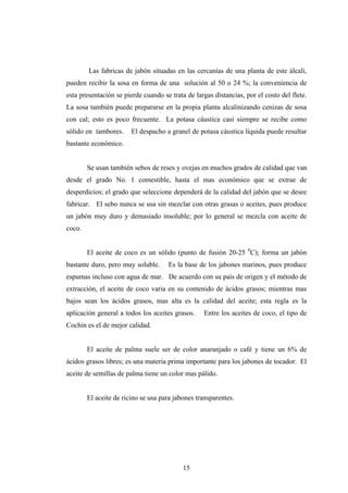 Las fabricas de jabón situadas en las cercanías de una planta de este álcali,
pueden recibir la sosa en forma de una solución al 50 o 24 %; la conveniencia de
esta presentación se pierde cuando se trata de largas distancias, por el costo del flete.
La sosa también puede prepararse en la propia planta alcalinizando cenizas de sosa
con cal; esto es poco frecuente. La potasa cáustica casi siempre se recibe como
sólido en tambores. El despacho a granel de potasa cáustica líquida puede resultar
bastante económico.
Se usan también sebos de reses y ovejas en muchos grados de calidad que van
desde el grado No. 1 comestible, hasta el mas económico que se extrae de
desperdicios; el grado que seleccione dependerá de la calidad del jabón que se desee
fabricar. El sebo nunca se usa sin mezclar con otras grasas o aceites, pues produce
un jabón muy duro y demasiado insoluble; por lo general se mezcla con aceite de
coco.
El aceite de coco es un sólido (punto de fusión 20-25 0
C); forma un jabón
bastante duro, pero muy soluble. Es la base de los jabones marinos, pues produce
espumas incluso con agua de mar. De acuerdo con su país de origen y el método de
extracción, el aceite de coco varia en su contenido de ácidos grasos; mientras mas
bajos sean los ácidos grasos, mas alta es la calidad del aceite; esta regla es la
aplicación general a todos los aceites grasos. Entre los aceites de coco, el tipo de
Cochin es el de mejor calidad.
El aceite de palma suele ser de color anaranjado o café y tiene un 6% de
ácidos grasos libres; es una materia prima importante para los jabones de tocador. El
aceite de semillas de palma tiene un color mas pálido.
El aceite de ricino se usa para jabones transparentes.
15
 