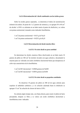 1.6.5.4 Determinación del álcali combinado con los ácidos grasos
Sobre los ácidos grasos separados, se determina el índice de neutralización
(número de acidez). Se pesan de 1 a 2 gramos de sustancia, y se agregan 50 o 60 cm3
de alcohol al 96% se calientan en un baño maría al punto de ebullición y se valora
con potasa seminormal, tomando como indicador fenolftaleína.
1 cm3
de potasa seminormal = 0.015 g de Na2O
1 cm3
de potasa seminormal = 0.0235 g de K2O
1.6.5.5 Determinación del álcali cáustico libre
1.6.5.5.1 Si existe álcali en gran cantidad
Se determinan los álcalis cáusticos libres disolviendo en un baño maría 10
gramos de jabón en 100 cm3
de alcohol, lavando con agua caliente y decantando la
muestra para ser valorada con ácido clorhídrico decinormal hasta que desaparezca el
color rojo característico de la fenolftaleína.
1 cm3
de HCl decinormal = 0.0040 gramos de NaOH
1 cm3
de HCl decinormal = 0.0056 gramos de KOH
1.6.5.5.2 Si existe álcali en pequeñas cantidades
Se disuelven 10 gramos de jabón en 300 ml de agua caliente para
expulsar al anhídrido carbónico y a la solución calentada hasta la ebullición se
agregan 15 cm3
de solución de cloruro de bario al 30%.
Se calienta algún tiempo más, con llama directa, para reunir el jabón de bario
precipitado, después se filtra y se valora con ácido clorhídrico decinormal y
fenolftaleína como indicador.
28
 