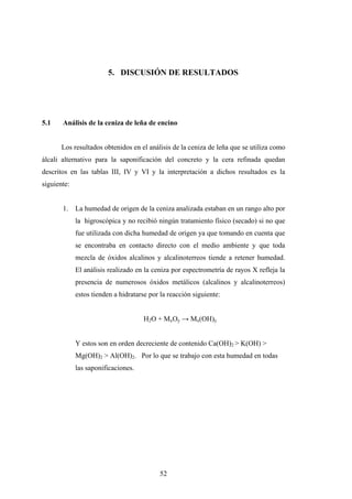 5. DISCUSIÓN DE RESULTADOS
5.1 Análisis de la ceniza de leña de encino
Los resultados obtenidos en el análisis de la ceniza de leña que se utiliza como
álcali alternativo para la saponificación del concreto y la cera refinada quedan
descritos en las tablas III, IV y VI y la interpretación a dichos resultados es la
siguiente:
1. La humedad de origen de la ceniza analizada estaban en un rango alto por
la higroscópica y no recibió ningún tratamiento físico (secado) si no que
fue utilizada con dicha humedad de origen ya que tomando en cuenta que
se encontraba en contacto directo con el medio ambiente y que toda
mezcla de óxidos alcalinos y alcalinoterreos tiende a retener humedad.
El análisis realizado en la ceniza por espectrometría de rayos X refleja la
presencia de numerosos óxidos metálicos (alcalinos y alcalinoterreos)
estos tienden a hidratarse por la reacción siguiente:
H2O + MxOy → Mx(OH)y
Y estos son en orden decreciente de contenido Ca(OH)2 > K(OH) >
Mg(OH)2 > Al(OH)2. Por lo que se trabajo con esta humedad en todas
las saponificaciones.
52
 