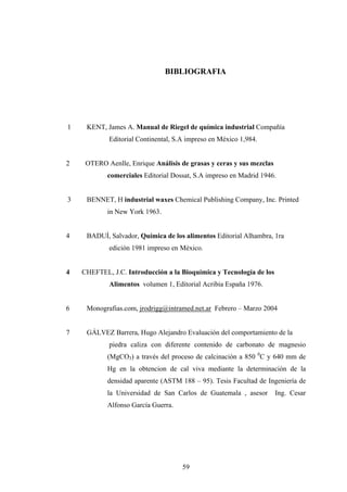 BIBLIOGRAFIA
1 KENT, James A. Manual de Riegel de química industrial Compañía
Editorial Continental, S.A impreso en México 1,984.
2 OTERO Aenlle, Enrique Análisis de grasas y ceras y sus mezclas
comerciales Editorial Dossat, S.A impreso en Madrid 1946.
3 BENNET, H industrial waxes Chemical Publishing Company, Inc. Printed
in New York 1963.
4 BADUÍ, Salvador, Química de los alimentos Editorial Alhambra, 1ra
edición 1981 impreso en México.
4 CHEFTEL, J.C. Introducción a la Bioquímica y Tecnología de los
Alimentos volumen 1, Editorial Acribia España 1976.
6 Monografias.com, jrodrigg@intramed.net.ar Febrero – Marzo 2004
7 GÁLVEZ Barrera, Hugo Alejandro Evaluación del comportamiento de la
piedra caliza con diferente contenido de carbonato de magnesio
(MgCO3) a través del proceso de calcinación a 850 0
C y 640 mm de
Hg en la obtencion de cal viva mediante la determinación de la
densidad aparente (ASTM 188 – 95). Tesis Facultad de Ingeniería de
la Universidad de San Carlos de Guatemala , asesor Ing. Cesar
Alfonso García Guerra.
59
 