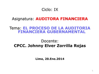 Ciclo: IX
Asignatura: AUDITORA FINANCIERA
Tema: EL PROCESO DE LA AUDITORIA
FINANCIERA GUBERNAMENTAL
Docente:
CPCC. Johnny Elver Zorrilla Rojas
Lima, 20.Ene.2014
1
 
