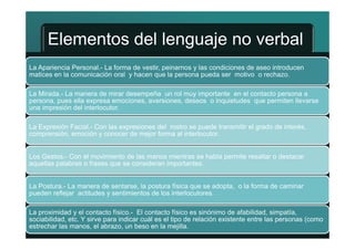 Elementos del lenguaje no verbal
La Apariencia Personal.- La forma de vestir, peinarnos y las condiciones de aseo introducen
matices en la comunicación oral y hacen que la persona pueda ser motivo o rechazo.
La Mirada.- La manera de mirar desempeña un rol muy importante en el contacto persona a
persona, pues ella expresa emociones, aversiones, deseos o inquietudes que permiten llevarse
una impresión del interlocutor.
La Expresión Facial.- Con las expresiones del rostro se puede transmitir el grado de interés,
comprensión, emoción y conocer de mejor forma al interlocutor.
Los Gestos.- Con el movimiento de las manos mientras se habla permite resaltar o destacar
aquellas palabras o frases que se consideran importantes.
La Postura.- La manera de sentarse, la postura física que se adopta, o la forma de caminar
pueden reflejar actitudes y sentimientos de los interlocutores.
La proximidad y el contacto físico.- El contacto físico es sinónimo de afabilidad, simpatía,
sociabilidad, etc. Y sirve para indicar cuál es el tipo de relación existente entre las personas (como
estrechar las manos, el abrazo, un beso en la mejilla.

 