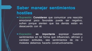 Saber manejar sentimientos
hostiles
Supresión: Consideran que comunicar una reacción
emocional poco favorable puede ser negativo,
sufren porque sienten que los demás están en
desacuerdo con él.
Expresión: es importante expresar nuestros
sentimientos en tal forma que influencien, afirmen y
cambien actitudes, sea sentimientos de ira o
molestia debemos hacerlo constructivamente.
 