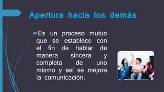 Apertura hacia los demás
Es un proceso mutuo
que se establece con
el fin de hablar de
manera sincera y
completa de uno
mismo y así se mejora
la comunicación.
 