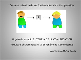 Objeto de estudio 2: TEORIA DE LA COMUNICACIÓN Actividad de Aprendizaje 1: El Fenómeno Comunicativo Conceptualización de los Fundamentos de la Computación Ana Verónica Muñoz García 