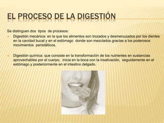 EL PROCESO DE LA DIGESTIÓN
Se distinguen dos tipos de procesos:
 Digestión mecánica: en la que los alimentos son trozados y desmenuzados por los dientes
en la cavidad bucal y en el estómago donde son mezclados gracias a los poderosos
movimientos peristálticos.
 Digestión química: que consiste en la transformación de los nutrientes en sustancias
aprovechables por el cuerpo, inicia en la boca con la insalivación, seguidamente en el
estómago y posteriormente en el intestino delgado.
 