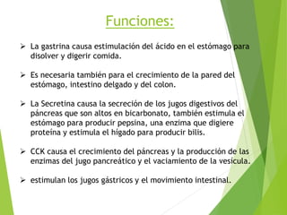 Funciones:
 La gastrina causa estimulación del ácido en el estómago para
disolver y digerir comida.
 Es necesaria también para el crecimiento de la pared del
estómago, intestino delgado y del colon.
 La Secretina causa la secreción de los jugos digestivos del
páncreas que son altos en bicarbonato, también estimula el
estómago para producir pepsina, una enzima que digiere
proteína y estimula el hígado para producir bilis.
 CCK causa el crecimiento del páncreas y la producción de las
enzimas del jugo pancreático y el vaciamiento de la vesícula.
 estimulan los jugos gástricos y el movimiento intestinal.
 