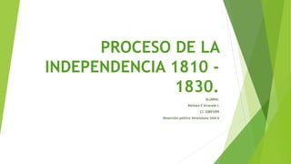 PROCESO DE LA
INDEPENDENCIA 1810 -
1830.
ALUMNA:
Bárbara E Alvarado L
CI: 20891099
Desarrollo político Venezolano SAIA A
 