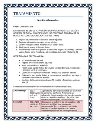 17 
TRATAMIENTO 
Medidas Generales 
PREECLAMPSIA LEVE: 
Laboratoriales de: BH, QS IV, PRUEBAS DE FUNCION HEPATICA, EXAMEN 
GENERAL DE ORINA, CUANTIFICACION DE PROTEINAS EN ORINA DE 24 
HORAS, ASI COMO DEPURACION DE CREATININA). 
1. Reposo de preferencia en decúbito lateral izquierdo. 
2. Régimen alimenticio completo, normo sódico. 
3. Control de signos vitales maternos FCF cada 4 horas. 
4. Medición de peso y la diuresis diaria. 
5. Hipotensores orales si la presión diastólica es mayor a 100mmHg. Deberán 
usarse frogas como hidralicina, alfa metildopa. Labetalol, nifedipino (7). 
HOSPITALARIAS PREECLAMPSIA: 
 No alimentos por vía oral 
 Reposo en decúbito lateral izquierdo 
 Vena permeable con venoclisis: 
 Pasar carga rápida 250 cc de solución (cristaloide) mixta, fisiológica o 
Hartmann en 10 a 15 minutos. 
 Continuar con solución cristaloide 1000 cc para pasar en 8 horas. 
 Colocación de sonda Foley a permanencia, cuantificar volumen y 
proteinuria mediante tira reactiva. 
 Medición de la presión arterial cada 10 minutos y frecuencia cardiaca 
fetal (5). 
Fármacos antihipertensivos en el tratamiento de la preeclampsia leve. 
Alfa metildopa 500 a 
2000mg/día 
en 2 a 4 
dosis. 
Agonista alfa adrenérgico central que disminuye 
la resistencia periférica. Tratamiento de 
referencia, de primera elección para la mayoría 
de las sociedades científicas. Seguridad bien 
documentada después del 1er trimestre. 
Labetalol 200 a 1200 
mg/día en 2 
a 4 dosis. 
Bloqueador no selectivo de los receptores alfa y 
beta, con actividad beta bloqueante 
predominante. Produce disminución de la 
resistencia periférica por bloqueo en los 
adrenorreceptores de los vasos periféricos. 
 