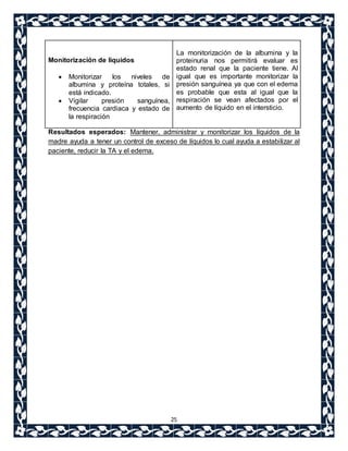 Resultados esperados: Mantener, administrar y monitorizar los líquidos de la 
madre ayuda a tener un control de exceso de líquidos lo cual ayuda a estabilizar al 
paciente, reducir la TA y el edema. 
25 
Monitorización de líquidos 
 Monitorizar los niveles de 
albumina y proteína totales, si 
está indicado. 
 Vigilar presión sanguínea, 
frecuencia cardiaca y estado de 
la respiración 
La monitorización de la albumina y la 
proteinuria nos permitirá evaluar es 
estado renal que la paciente tiene. Al 
igual que es importante monitorizar la 
presión sanguínea ya que con el edema 
es probable que esta al igual que la 
respiración se vean afectados por el 
aumento de líquido en el intersticio. 
 