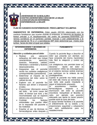 UNIVERSIDAD DE GUADALAJARA 
CENTRO UNIVERSITARIO CIENCIAS DE LA SALUD 
LICENCIATURA EN ENFERMERIA 
ENFERMERIA DE LA MUJER 
PLAN DE CUIDADOS EN ENFERMERIA DE: PREECLAMPSIA Y ECLAMPSIA 
DIAGNOSTICO DE ENFERMERIA: Dolor agudo (00132) relacionado con los 
cambios fisiológicos que ocurren durante el embarazo, la retención de líquidos, la 
laxitud articular y el desplazamiento del centro de gravedad, transmitido por 
nervios somáticos en el peritoneo parietal, músculo o piel unilateralmente a la 
médula espinal de T6 a L1 y sacroileacas M/P dolor abdominal que irradia zona 
lumbar, facies de dolor al igual que cefalea. 
26 
INTERVENCIONES Y ACCIONES DE 
ENFERMERIA 
FUNDAMENTO 
Atención y cuidados para el dolor 
 Realizar una valoración 
exhaustiva del dolor que incluya 
características, aparición, 
duración, frecuencia, calidad, 
intensidad o severidad y factores 
desencadenantes. 
 Asegurarse que el paciente 
reciba los cuidados analgésicos 
correspondientes (paracetamol). 
 Determinar el impacto de la 
experiencia del dolor sobre la 
calidad de vida. 
 Explorar con el paciente los 
factores que alivian o empeoran 
el dolor, 
 Proporcionar información acerca 
del dolor , tal como causa del 
dolor, el tiempo que dura, y las 
incomodidades que se esperan 
debido a los procedimientos 
 Controlar los factores 
ambientales que puedan influir 
en la respuesta del paciente a 
las molestias 
 Enseñar el uso de técnicas no 
farmacológicas antes después y 
Cuando la paciente llega a describir el 
dolor que presenta con claridad, se 
hace consiente del mismo, haciéndole 
más fácil la relajación y control del 
mismo. 
Los analgésicos nos permiten tener un 
descenso rápido del dolor el 
paracetamol inhibe las ciclooxigenasas 
en el sistema nervioso central, enzimas 
que participan en la síntesis de las 
prostaglandinas. 
Cuando la paciente nos habla acerca 
del dolor ella misma se concientiza de 
que tanto este puede impulsarla a 
seguir el tratamiento propuesto. 
Si encontramos medidas no 
farmacológicas respecto a la 
disminución del dolor la paciente 
encontrara tranquilidad al llevarlas a 
cabo, por ejemplo una posición 
adecuada que ejerza la menor presión 
posible sobre la zona del dolor, 
El apoyo familiar facilitara a la paciente 
el entendimiento de su estado, y le 
proporcionara seguridad y entusiasmo 
que será satisfactorios para su 
restablecimiento 
 