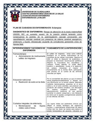 UNIVERSIDAD DE GUADALAJARA 
CENTRO UNIVERSITARIO CIENCIAS DE LA SALUD 
LICENCIATURA EN ENFERMERIA 
ENFERMERIA DE LA MUJER 
PLAN DE CUIDADOS DE ENFERMERIA EN: Eclampsia 
DIAGNOSTICO DE ENFERMERIA: Riesgo de alteración de la diada materno/fetal 
(00209) R/C un aumento severo de la presión arterial teniendo como 
consecuencia la perdida de la autorregulación vascular provocando una 
vasodilatación vascular cerebral con presencia de edema cerebral vasogénico, 
proteinuria y liquido intravascular causante de convulsiones generando crisis de 
hipoxia fetal. 
32 
INTERVENCIONES Y ACCIONES DE 
ENFERMERÍA 
FUNDAMENTO DE LA INTERVENCIÓN 
Farmacoterapia 
 Administración de medicamento 
sulfato de magnesio 
Educación nutricional. 
 Restricción de sodio en la dieta. 
Cuidados integrales de enfermería. 
 Monitorización de Signos 
vitales cada 2 horas. 
El sulfato de magnesio actúa como cofactor 
fisiológico en la bomba sodio-potasio de la 
membrana de las células musculares. Deprime el 
SNC al inhibir la liberación de acetilcolina y 
bloquear la transmisión neuromuscular periférica. 
Deprime la musculatura lisa, esquelética y 
cardíaca. Posee además un suave efecto 
diurético y vasodilatador. Ayuda a la replección 
del potasio intracelular al mejorar el 
funcionamiento de la bomba Na-K, participando 
este proceso en el control de las arrítmias 
inducidas por digital. 
Por la osmolaridad del plasma ya que el sistema 
renina_angiotensina-aldosterona e dispara con 
una disminución en la tensión arterial, detectada 
mediante barorreceptores presentes en el arco 
aórtico y en el seno carotídeo, que producen una 
activación del sistema simpático. Las descargas 
del sistema simpático producen una 
vasoconstricción sistémica (lo que permite 
aumentar la presión sanguínea) y una liberación 
de renina por el aparato yuxtaglomerular presente 
en las nefronas del riñón. 
Los signos vitales son parámetros clínicos que 
reflejan el estado fisiológico del organismo 
humano, y esencialmente proporcionan los datos 
(cifras) que nos darán las pautas para evaluar el 
estado homeostático del paciente, indicando su 
 