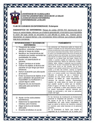UNIVERSIDAD DE GUADALAJARA 
CENTRO UNIVERSITARIO CIENCIAS DE LA SALUD 
LICENCIATURA EN ENFERMERIA 
ENFERMERIA DE LA MUJER 
PLAN DE CUIDADOS EN ENFERMERIA DE: Eclampsia 
DIAGNOSTICO DE ENFERMERIA: Riesgo de caídas (00155) R/C disminución de la 
fuerza en extremidades inferiores por el edema generalizado, el escotoma que imposibilita 
la visión del lugar donde se encuentra lo cual dificulta su andar, los mareos que la 
desorientan en espacio-tiempo y las convulsiones tónico-clónicas que producen pérdida 
total de la conciencia. 
35 
INTERVENCIONES Y ACCIONES DE 
ENFERMERIA 
FUNDAMENTO 
1) Prevención de caídas 
 Identificar conductas y factores que 
afectan el riesgo de caídas. 
 Identificar las características del 
ambiente que puedan aumentar las 
posibilidades de caídas. 
 Ayudar a la deambulación al 
paciente. 
 Sugerir cambios en el andar. 
 Colocar los objetos al alcance del 
paciente sin que tenga que hacer 
esfuerzos. 
 Instruir al paciente que pida ayuda 
al moverse. 
 Evitar la presencia de objetos en el 
piso o alrededor del paciente que 
imposibiliten su movilización o 
causen alguna caída. 
 Disponer de una iluminación 
adecuada para aumentar la 
visibilidad. 
2) Ayuda con los autocuidados: 
transferencia. 
 Determinar la capacidad del 
individuo para moverse. 
 Elegir la técnica de traslado 
adecuado. 
 Enseñar al individuo el uso de 
Las personas con Eclampsia están en riesgo de 
caerse o tropezar por los episodios tónico-clónicos 
de las convulsiones. Esto puede ocasionar fracturas 
de huesos o lesiones más serias. Hacer cambios en 
la casa o en hospital ayuda a disminuir el riesgo de 
caerse el tener una cama baja, de manera que los 
pies toquen el suelo cuando se sienta en el borde y 
ubicarla en la planta baja del hogar. Retirar los 
cables o cuerdas sueltas de áreas por donde el 
paciente deambula. Retirar las alfombras sueltas, 
objetos, telas, cobijas o sabanas que se puedan 
encontrar en el piso. Emparejar las diferencias de 
altura entre pisos en las puertas. En el baño 
asegurar que existan pasamanos en la bañera o la 
ducha y al lado del inodoro, colocar un tapete 
antideslizante en la bañera o la ducha. Facilitarle un 
baño o un inodoro portátil. Los músculos débiles 
dificultan el ponerse de pie o mantener el 
equilibrio es una causa común de caídas. Al 
caminar, se deben de evitar movimientos o 
cambios de posición súbitos. Recomendar 
zapatos de suela plana sin tacón de caucho 
que pueden ayudar a evitar que se resbale. 
Evitar el agua o el hielo en las aceras y no se 
subir a escaleras o sillas para alcanzar cosas. 
La buena iluminación permite observar por 
donde va caminando y así tener un panorama 
amplio del lugar. 
En las técnicas de movilización es fundamental 
preservar la integridad del paciente y su bebe. 
Se siguen al pie de la letra los protocolos 
establecidos por cada centro hospitalario. Al 
igual se aplica la técnica de mecánica corporal 
en nosotros para evitar lesiones en el personal 
sanitario. 
En la Eclampsia el factor que impide la 
seguridad de la movilización de la madre son 
 