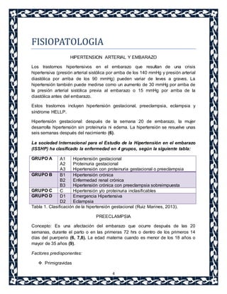 4 
FISIOPATOLOGIA 
HIPERTENSION ARTERIAL Y EMBARAZO 
Los trastornos hipertensivos en el embarazo que resultan de una crisis 
hipertensiva (presión arterial sistólica por arriba de los 140 mmHg y presión arterial 
diastólica por arriba de los 90 mmHg) pueden variar de leves a graves. La 
hipertensión también puede medirse como un aumento de 30 mmHg por arriba de 
la presión arterial sistólica previa al embarazo o 15 mmHg por arriba de la 
diastólica antes del embarazo. 
Estos trastornos incluyen hipertensión gestacional, preeclampsia, eclampsia y 
síndrome HELLP. 
Hipertensión gestacional: después de la semana 20 de embarazo, la mujer 
desarrolla hipertensión sin proteinuria ni edema. La hipertensión se resuelve unas 
seis semanas después del nacimiento (6). 
La sociedad Internacional para el Estudio de la Hipertensión en el embarazo 
(ISSHP) ha clasificado la enfermedad en 4 grupos, según la siguiente tabla: 
GRUPO A A1 
A2 
A3 
Hipertensión gestacional 
Proteinuria gestacional 
Hipertensión con proteinuria gestacional o preeclampsia 
GRUPO B B1 
B2 
B3 
Hipertensión crónica 
Enfermedad renal crónica 
Hipertensión crónica con preeclampsia sobreimpuesta 
GRUPO C C Hipertensión y/o proteinuria inclasificables 
GRUPO D D1 
D2 
Emergencia Hipertensiva 
Eclampsia 
Tabla 1. Clasificación de la hipertensión gestacional (Ruiz Marines, 2013). 
PREECLAMPSIA 
Concepto: Es una afectación del embarazo que ocurre después de las 20 
semanas, durante el parto o en las primeras 72 hrs o dentro de los primeros 14 
días del puerperio (6, 7,8). La edad materna cuando es menor de los 18 años o 
mayor de 35 años (9). 
Factores predisponentes: 
 Primigravidas 
 