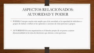 ASPECTOS RELACIONADOS:
AUTORIDAD Y PODER
• PODER: Concepto mucho más amplio que el de autoridad, es la capacidad de individuos o
grupos de inducir o influir en las opiniones o acciones de otras personas o grupos.
• AUTORIDAD: En una organización es el derecho propio de un puesto a ejercer
discrecionalidad en la toma de decisiones que afectan a otras personas.
 