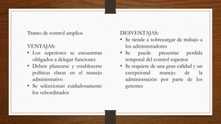 Tramo de control amplios
VENTAJAS:
• Los superiores se encuentran
obligados a delegar funciones
• Deben planearse y establecerse
políticas claras en el manejo
administrativo
• Se seleccionan cuidadosamente
los subordinados
DESVENTAJAS:
• Se tiende a sobrecargar de trabajo a
los administradores
• Se puede presentar perdida
temporal del control superior
• Se requiere de una gran calidad y un
excepcional manejo de la
administración por parte de los
gerentes
 