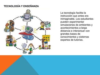 TECNOLOGÍA Y ENSEÑANZA
La tecnología facilita la
instrucción que antes era
inimaginable. Los estudiantes
pueden experimentar
simulaciones de ambientes y
acontecimientos a larga
distancia e interactuar con
grandes bases de
conocimientos y sistemas
expertos de tutorías.
 