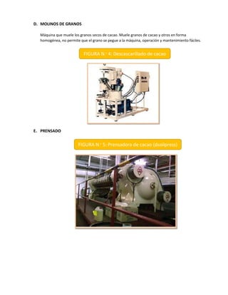 D. MOLINOS DE GRANOS
Máquina que muele los granos secos de cacao. Muele granos de cacao y otros en forma
homogénea, no permite que el grano se pegue a la máquina, operación y mantenimiento fáciles.
E. PRENSADO
FIGURA N.° 4: Descascarillado de cacao
FIGURA N.° 5: Prensadora de cacao (dsoilpress)
 