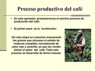 Proceso productivo del café En este apartado, presentaremos el estricto proceso de producción del café:  El primer paso  es la  recolección: En esta etapa se cosechan únicamente los granos que alcanzan el estado de madurez completa, normalmente de color rojo o amarillo, ya que los verdes dañan el sabor  del  café. Todo este proceso se desarrolla de forma manual.   